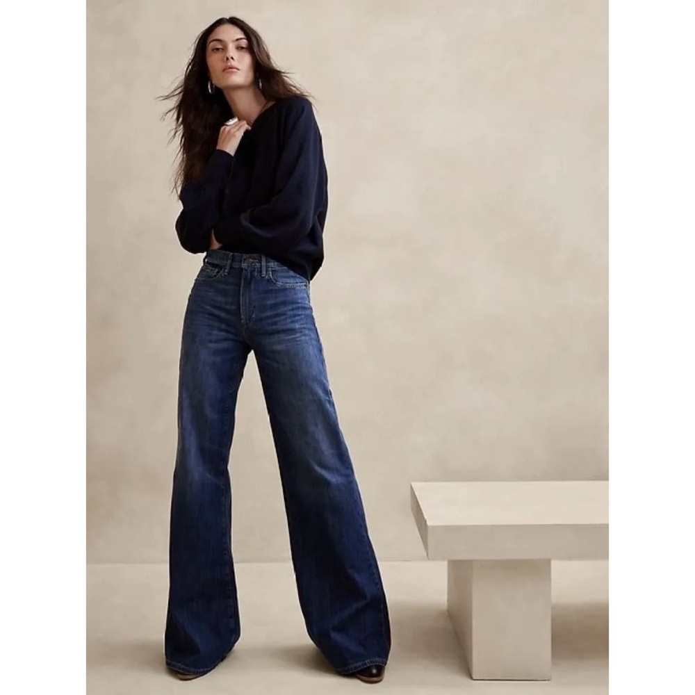 Banana Republic The Puddle High Rise Wide Leg Jeans in Medium Indigo Blue